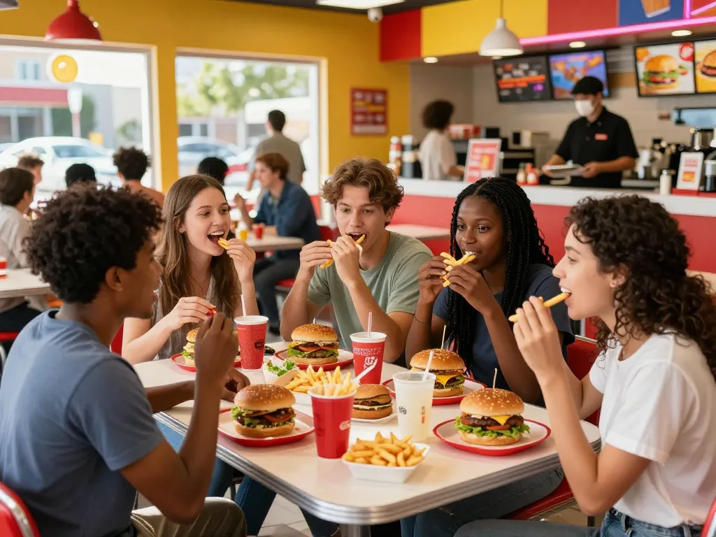 Fast food prices featured in lively restaurant scene with friends enjoying meals.