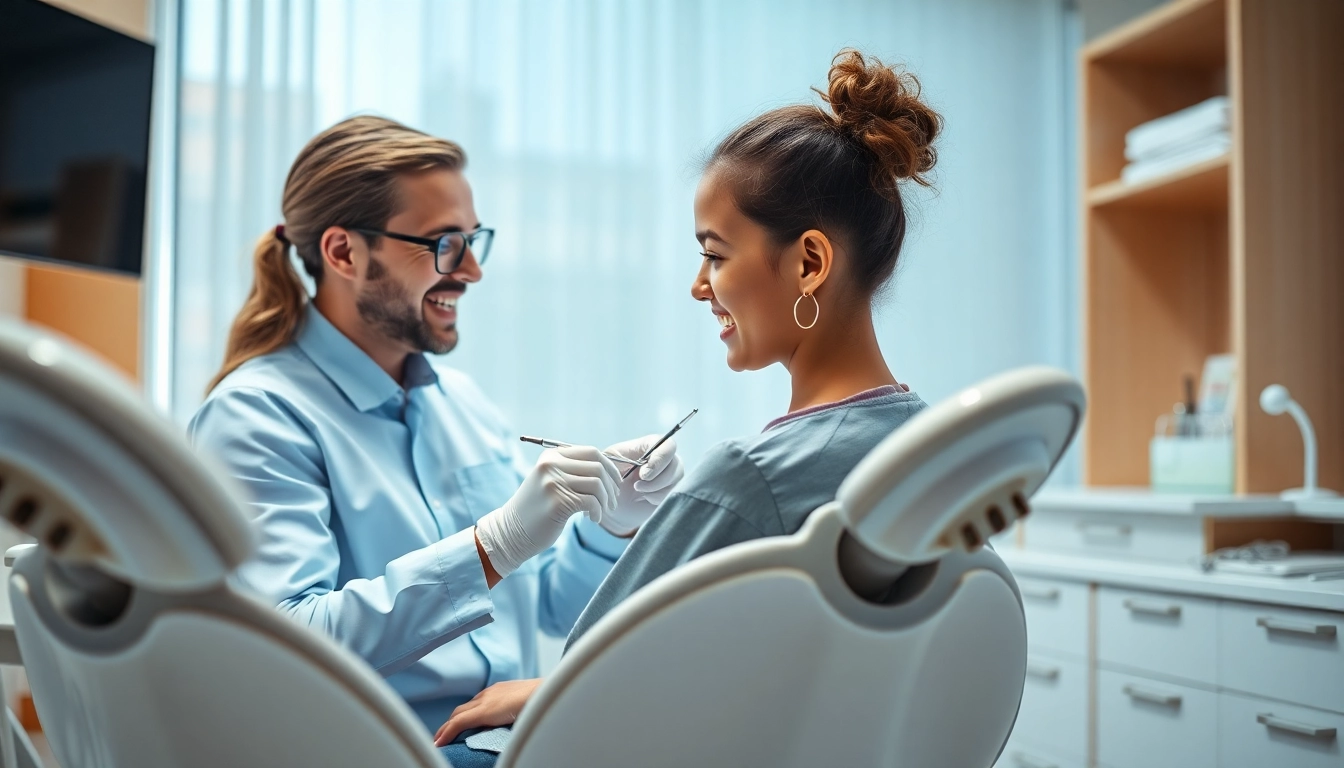 Teen teeth straightening Hawthorn illustrated with a caring orthodontist assisting a young patient in a modern clinic.
