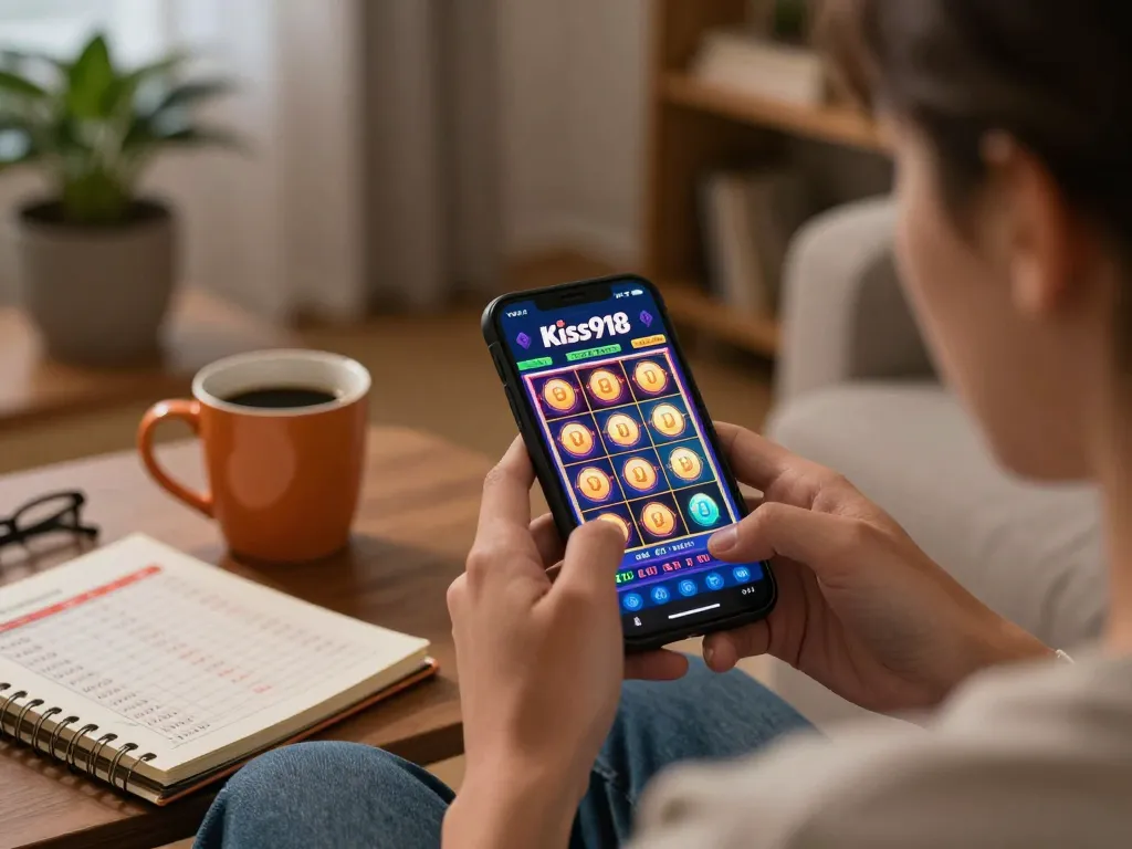 Kiss918 original apk permainan aktif di telefon pintar, mempamerkan kemenangan slot yang ceria dalam suasana rumah yang selesa.