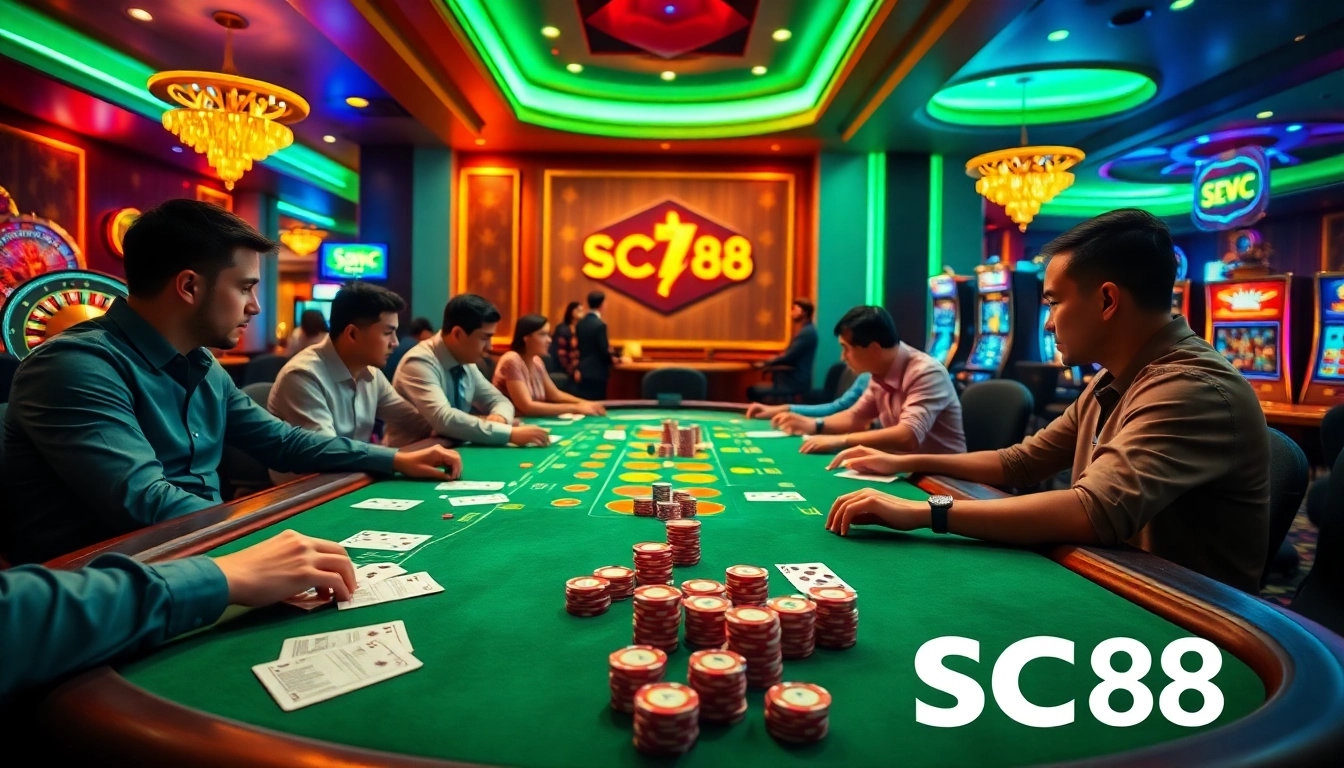 Experience thrilling gameplay with SC88 at this online casino featuring poker, betting slips, and exciting roulette wheels.
