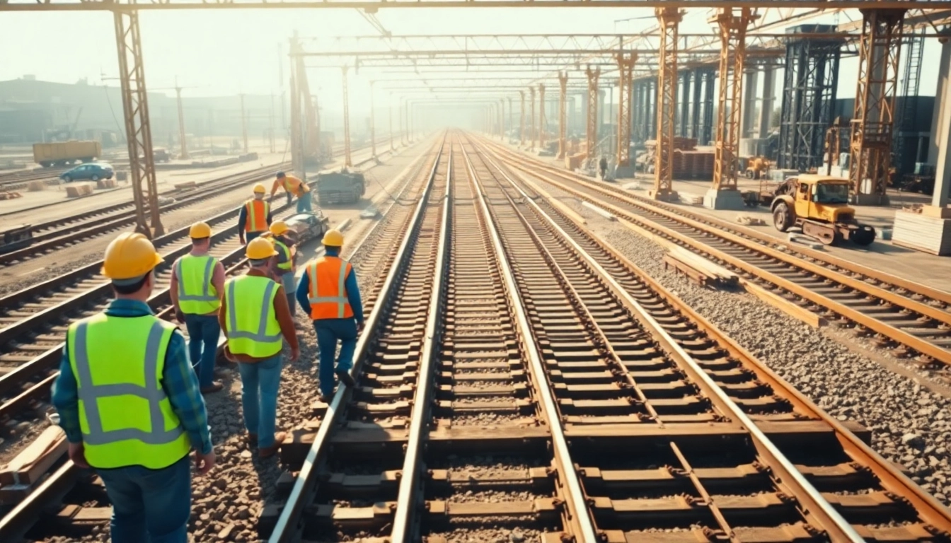 Workers engaged in railroad construction, laying tracks meticulously on a bright sunny day.
