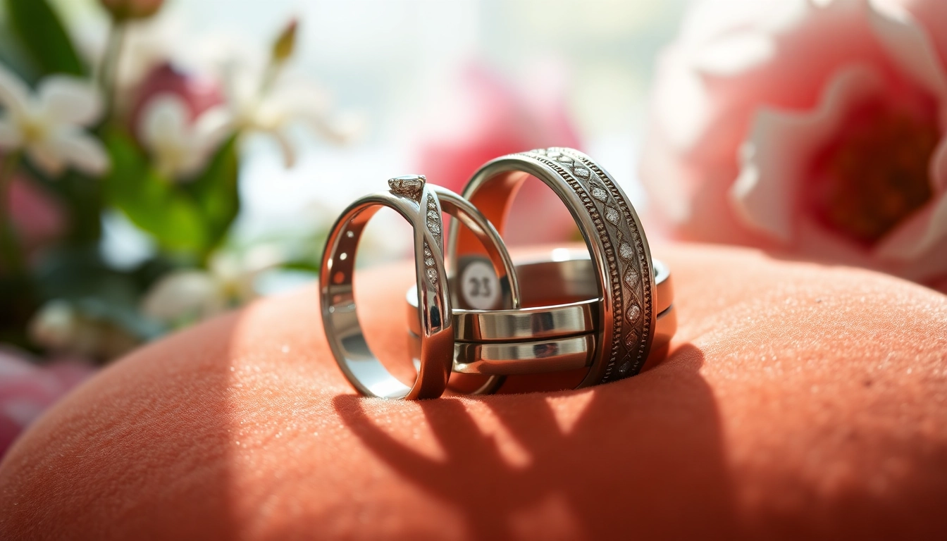 Discover exquisite wedding bands featuring intricate designs and shimmering gems.