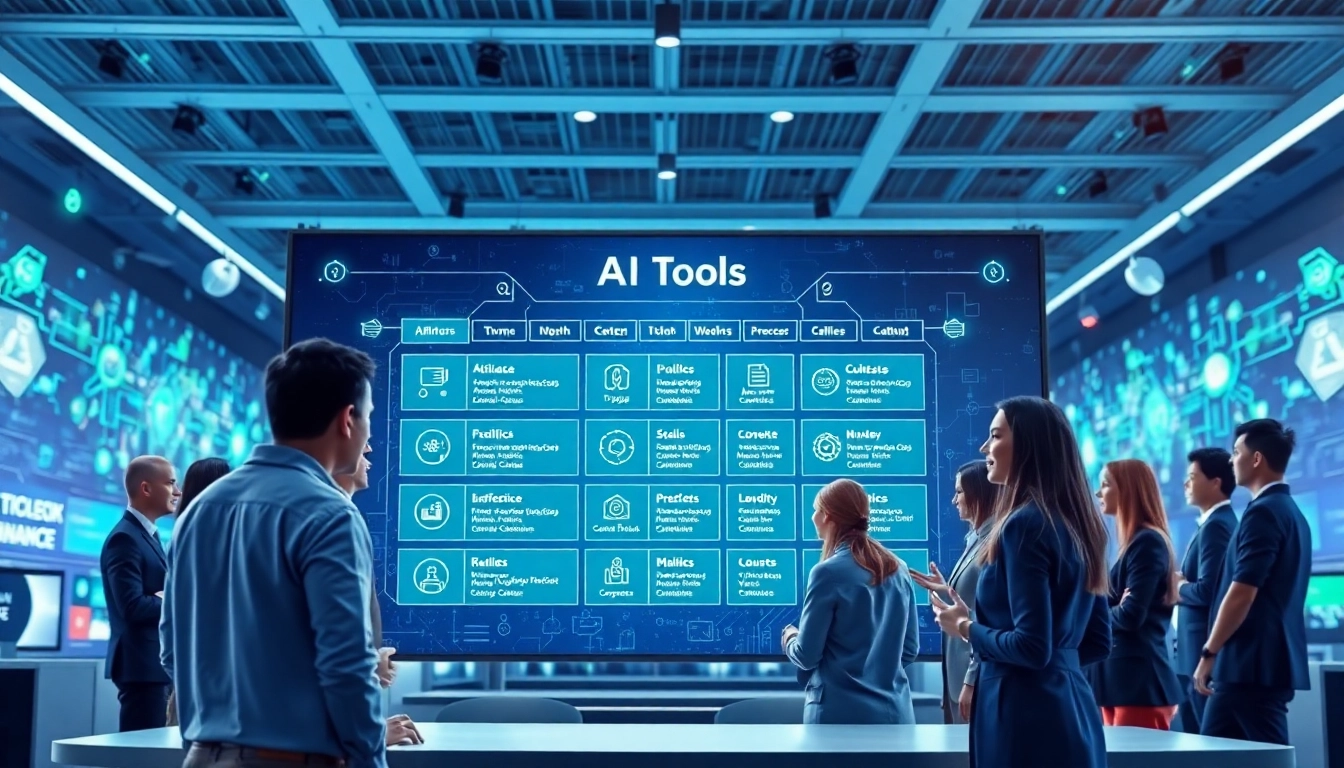 Engaging visual of an ai tool marketplace featuring diverse professionals collaborating.