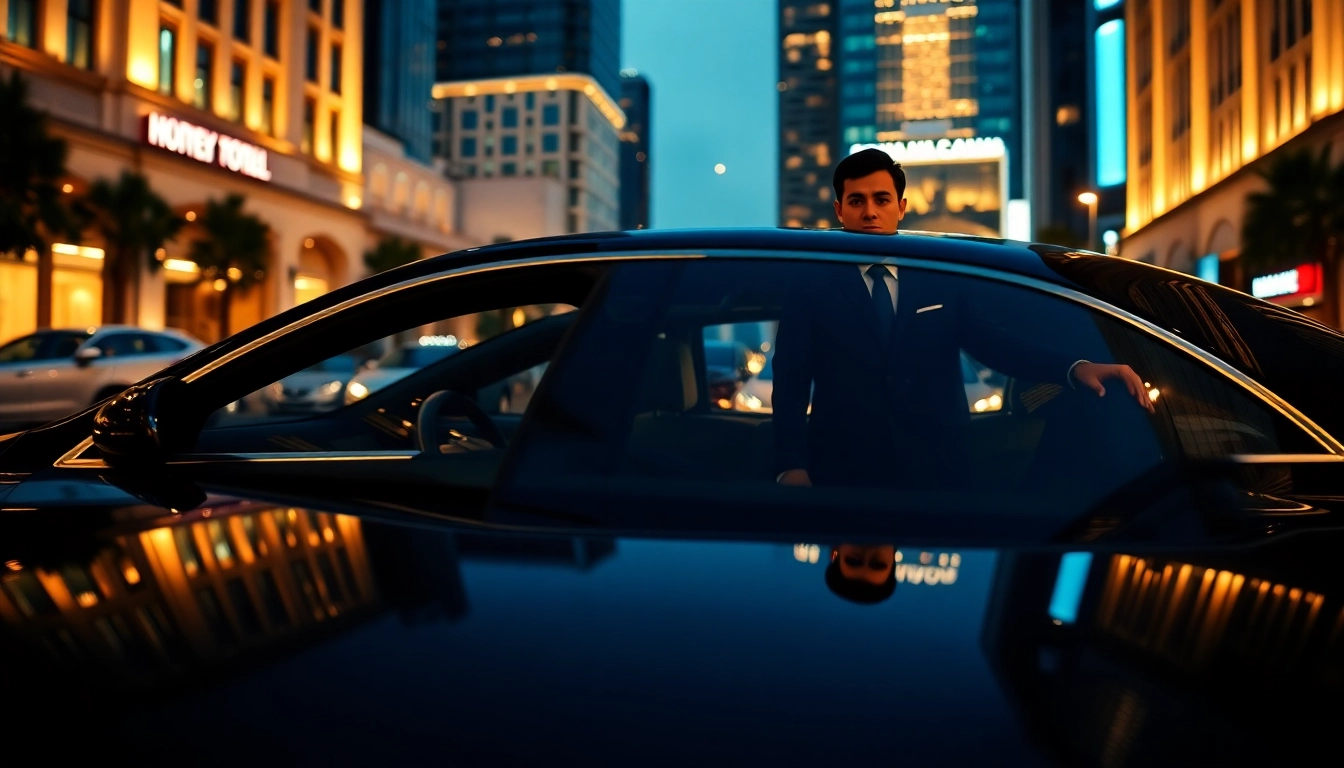 Book a premium Chauffeur Hire with a professional by a luxury sedan against a city backdrop.