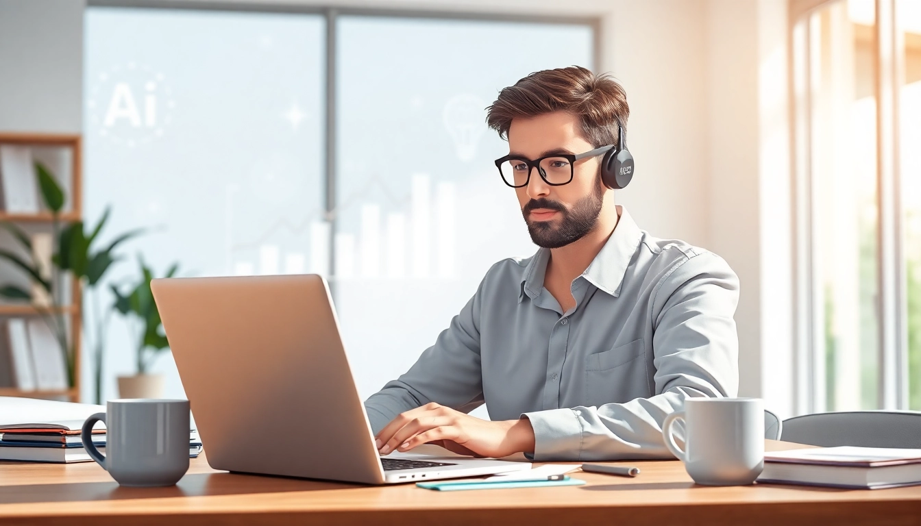 Illustration of an enterprise assistant managing tasks in a modern workspace.