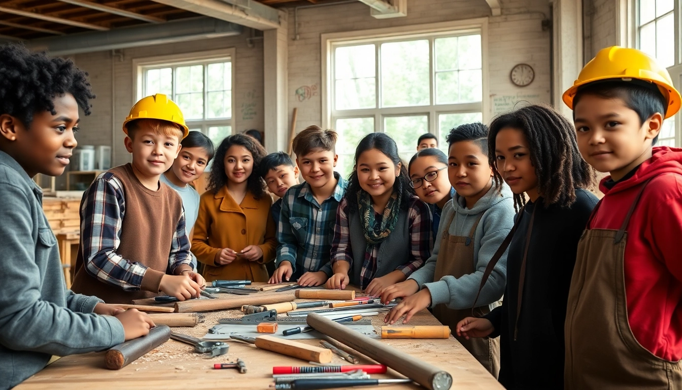 Students participating in construction classes learn essential skills in a bright workshop environment.