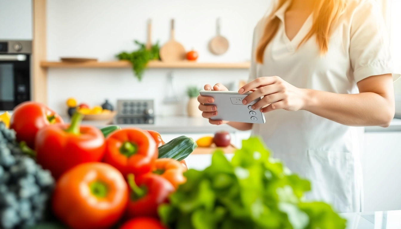 Calculate your daily caloric needs with a detailed calorie calculator in a vibrant kitchen setting.