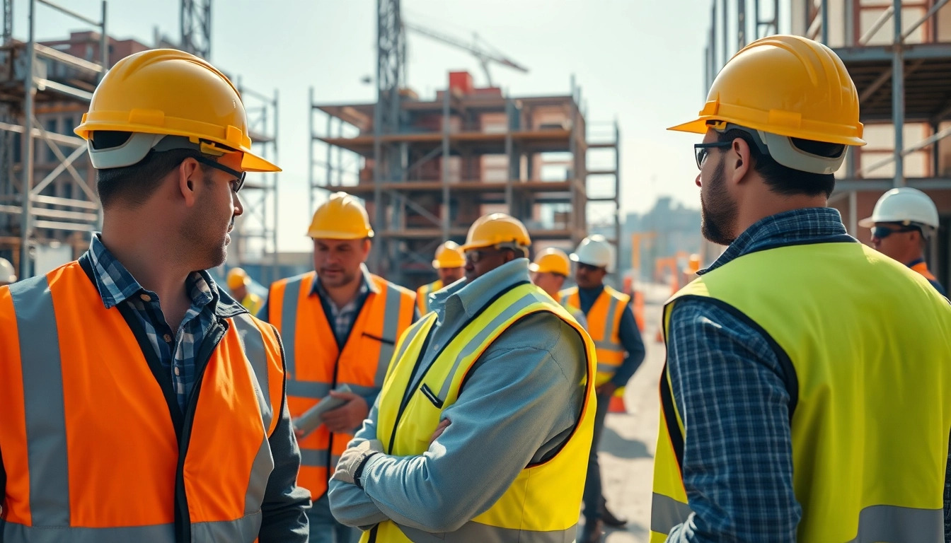 Implementing construction site safety protocols with vibrant workers in bright safety gear.