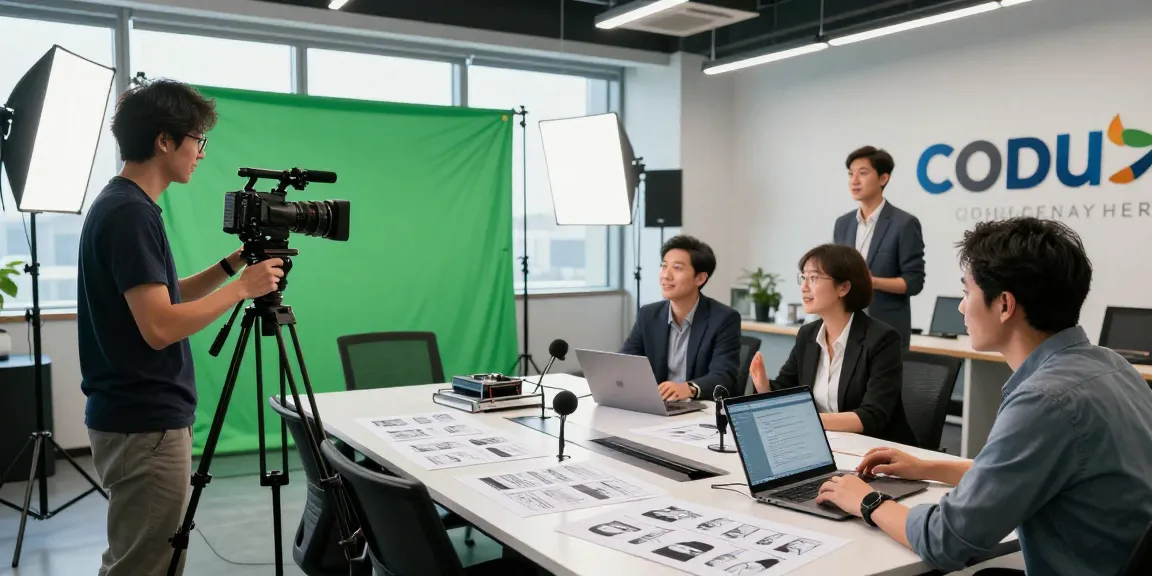 Corporate video production company in Singapore team collaborating on video project in professional studio.