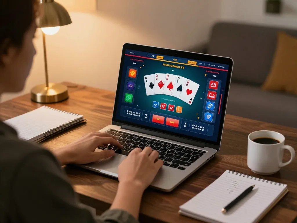 Engaging with go88 ca online poker game on a stylish laptop at home.