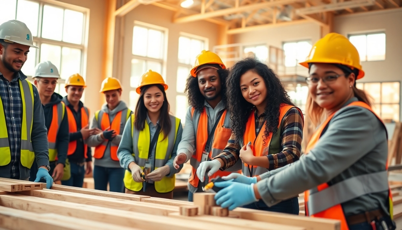 Engaged trainees demonstrate construction workforce training techniques in a modern facility.