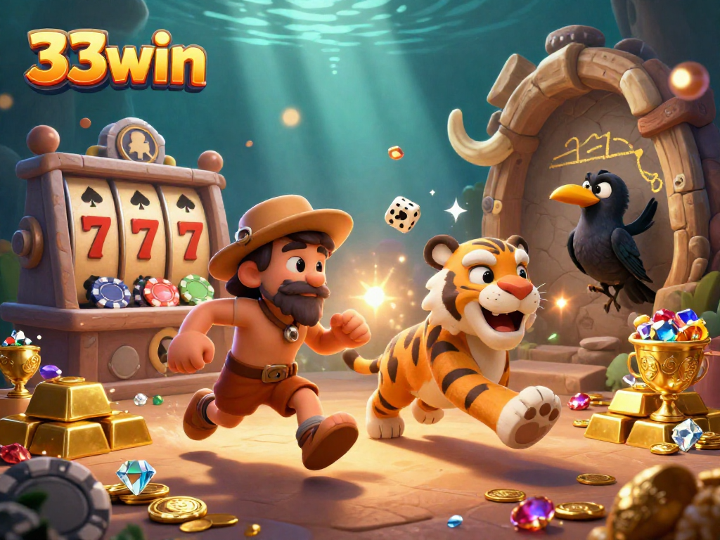 Experience the thrill of the 33win casino scene with vibrant characters and rich gem displays.