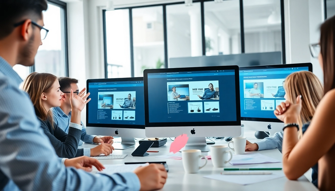 Collaborative moments in a web design company with team members sharing ideas and designs.