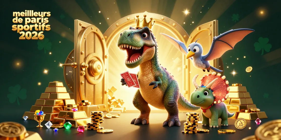 Visualisez les meilleurs sites de paris sportifs 2026 avec un T-Rex jouant aux cartes sous une lumière dorée.