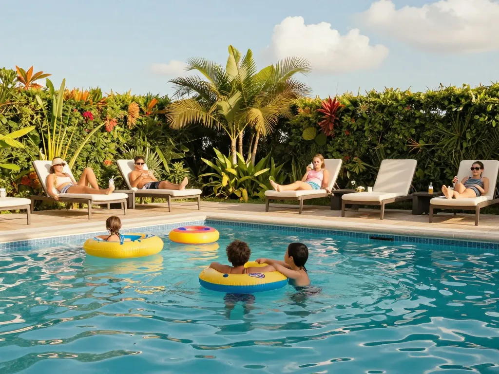Dolphin Pool Services providing expert pool maintenance, families enjoying a clean and inviting pool, sunny summer atmosphere.