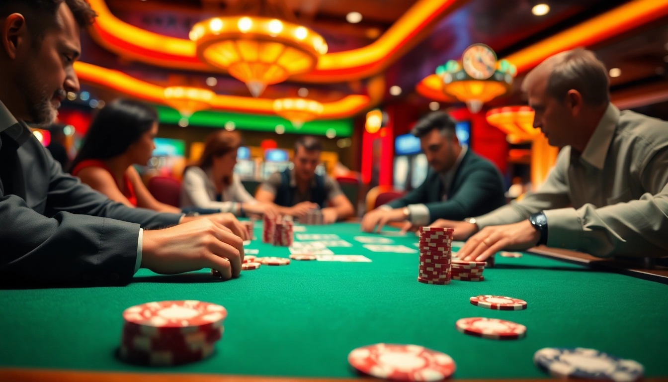 Permainan idn poker yang ramai dengan pemain fokus dan suasana kasino yang cerah.
