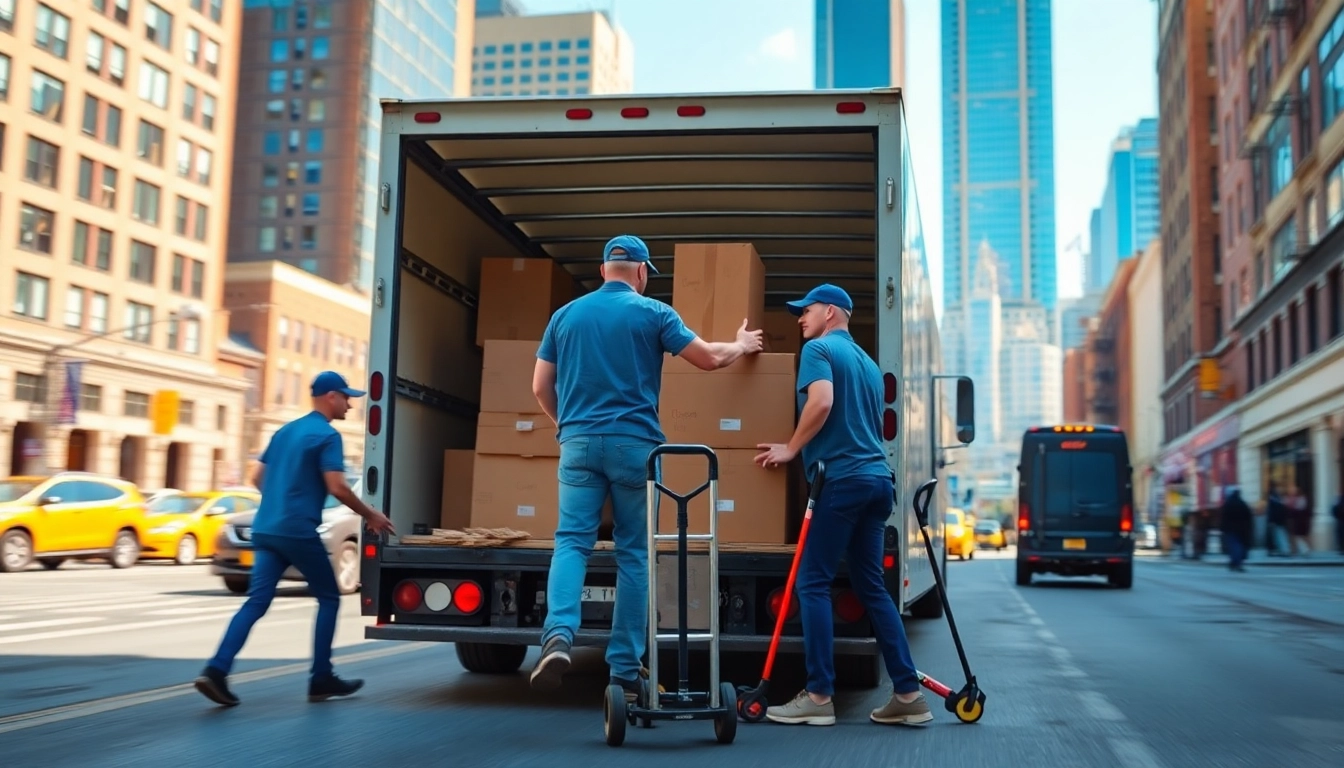 Efficient local movers boston handling boxes with urban backdrop, showcasing teamwork and professionalism.