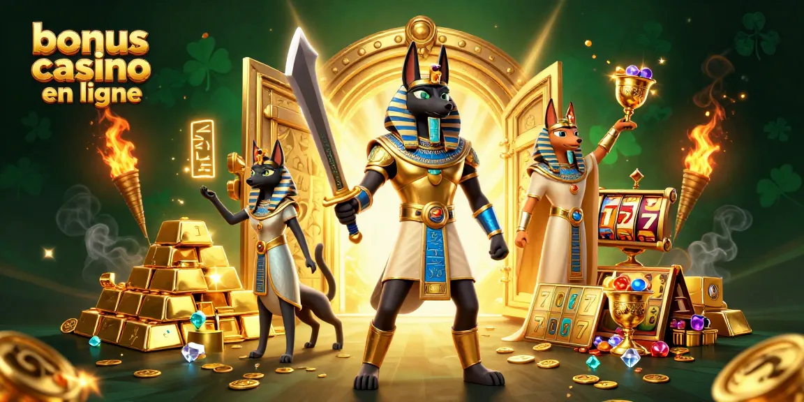 Vivez l'excitation avec le bonus casino en ligne, illustré par Anubis et Bastet, entourés de richesses.