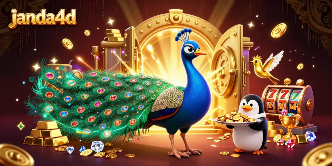 Menang di janda4d dengan permainan slot berkualitas tinggi dan karakter ikonik dalam ilustrasi kasino.