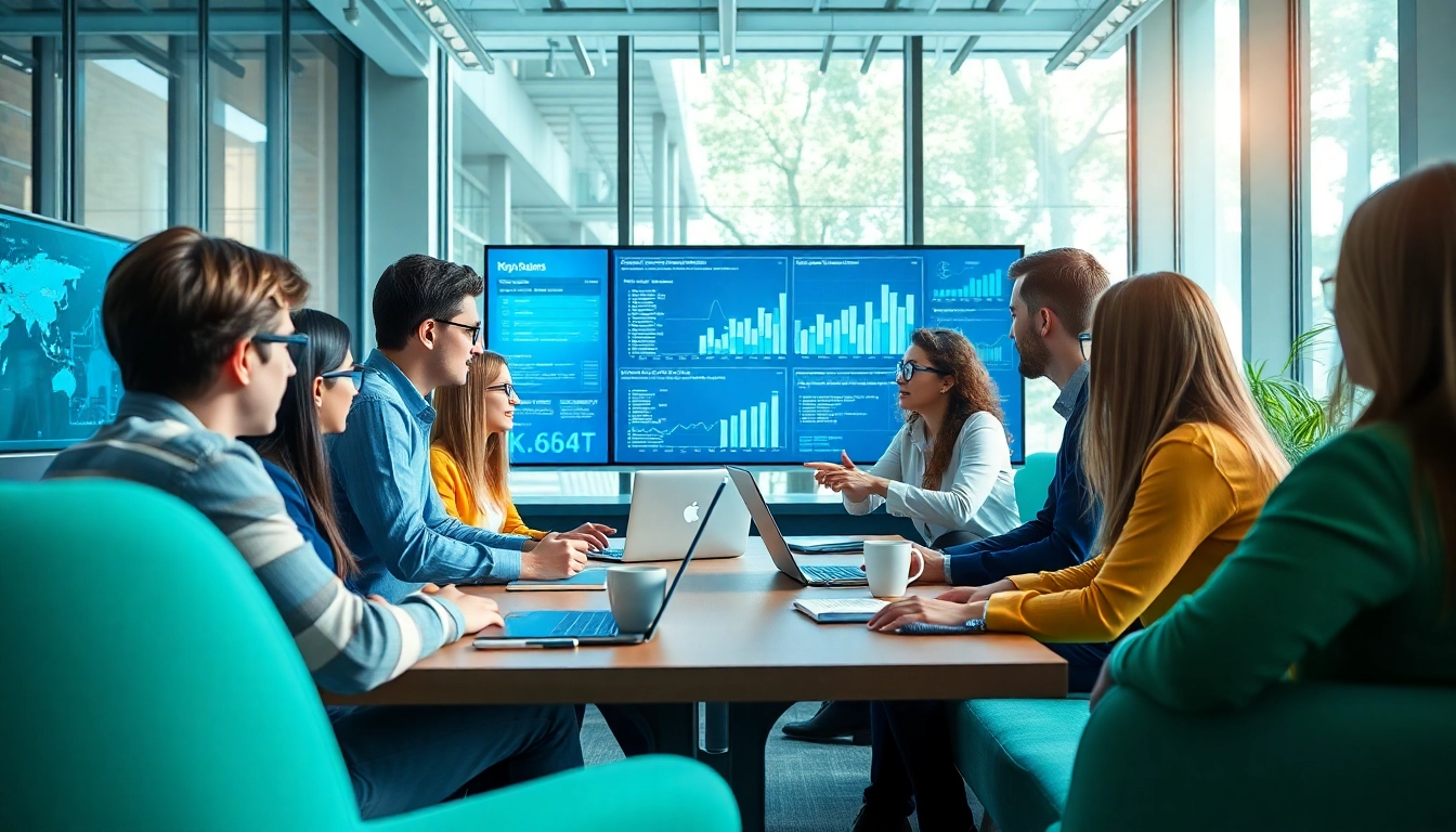 Collaborative klynt team strategizing in a modern digital workspace with creative visuals.