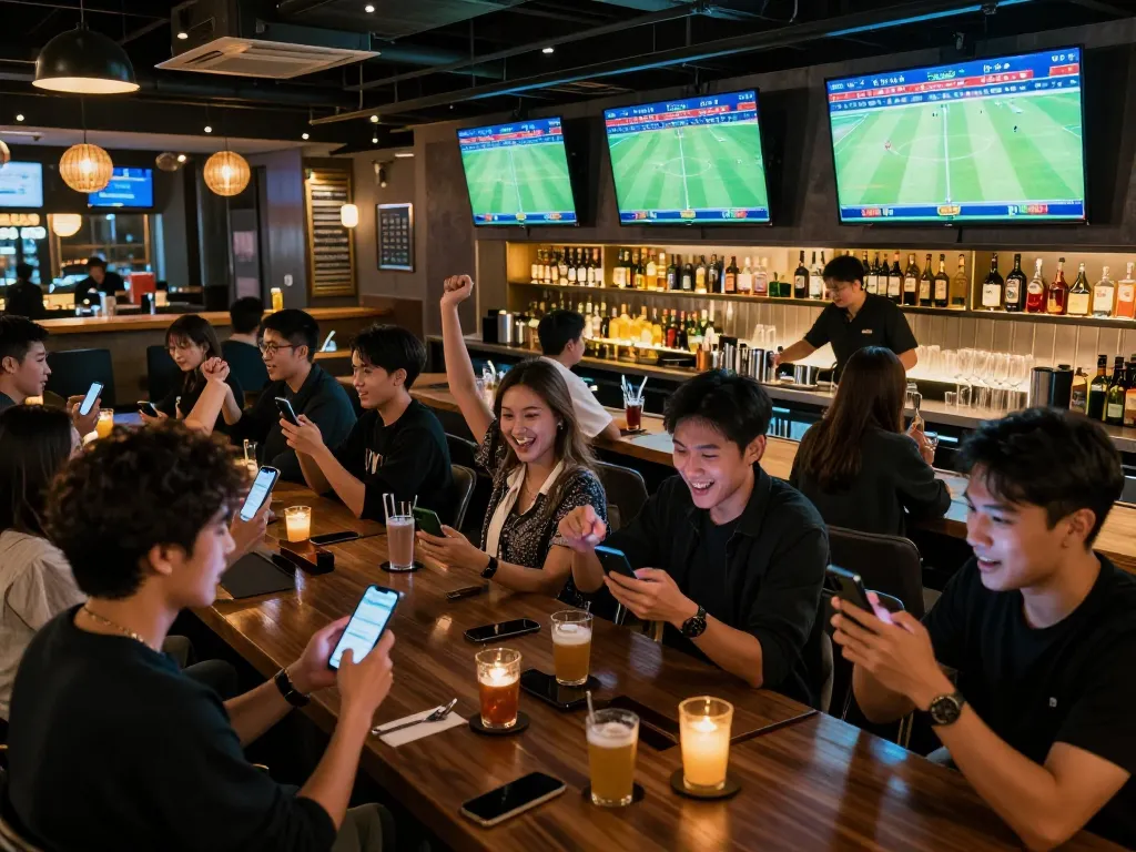 Fans passionately engaging in lively sports betting for bong da lu matches in a vibrant sports bar setting.
