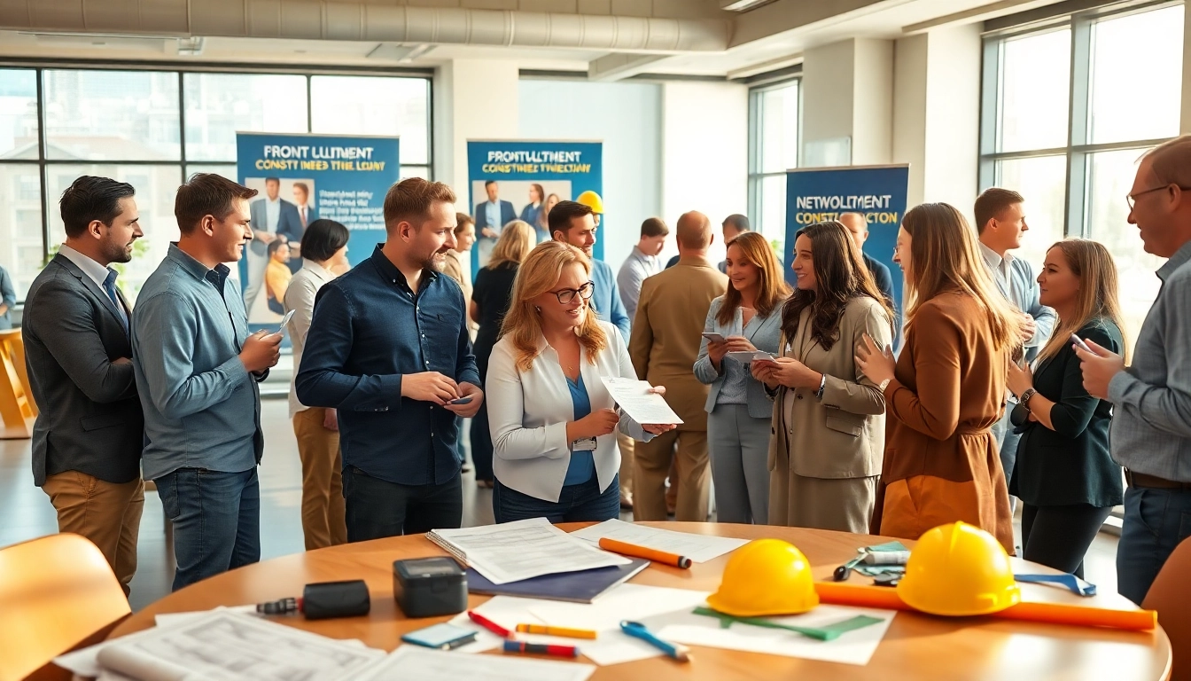 Engaged professionals at construction networking events exchanging ideas and building connections.