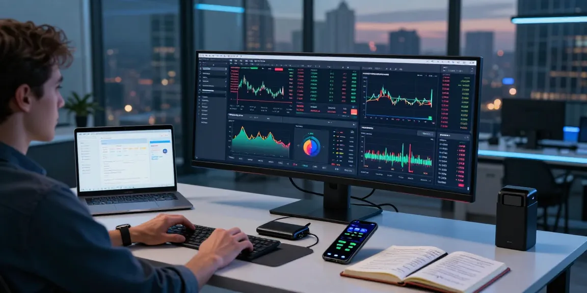 Cloud mining provider workspace featuring cryptocurrency analysis and trading tools in a modern tech office.