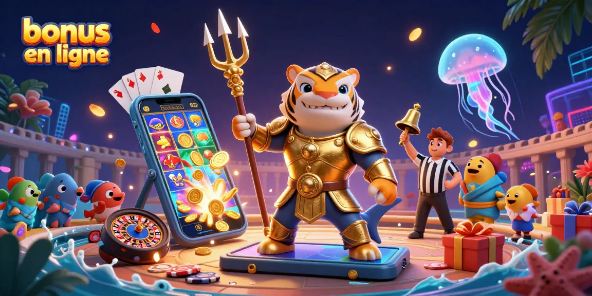 Bonus casino en ligne animé par un requin tigre en armure d'or, avec des jeux de casino dispersés autour.