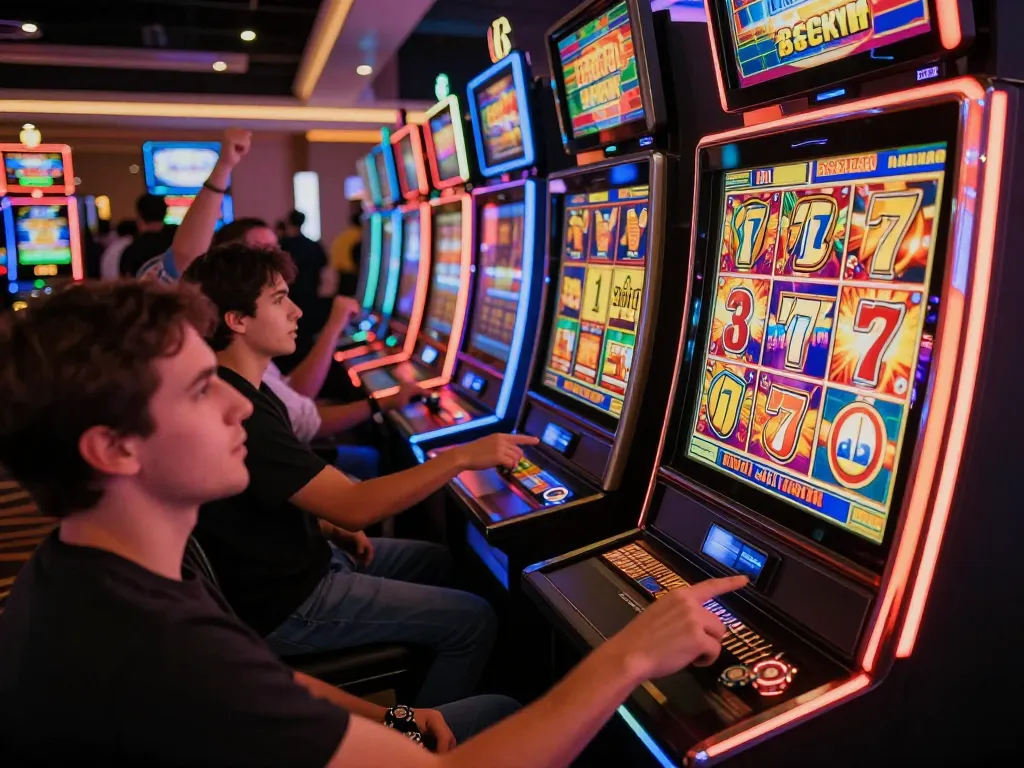 Players celebrating wins while engaging with slot777 gacor machines in a lively casino