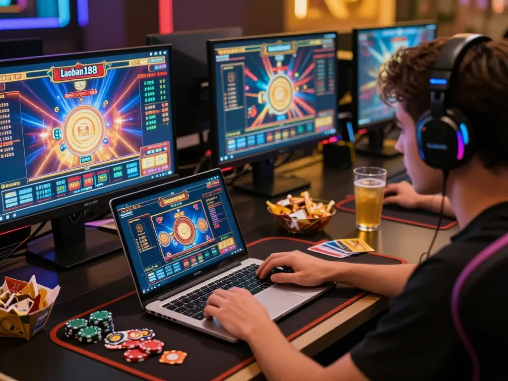 Pemain berinteraksi dengan slot online laoban188 di stasiun permainan modern, menunjukkan pengalaman perjudian yang menenggamkan.