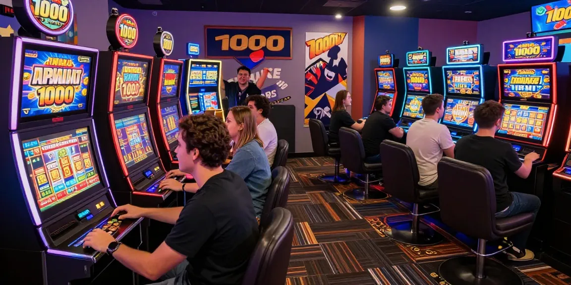 Players enjoying slot depo 1000 games in vibrant gaming lounge filled with excitement and colorful machines.