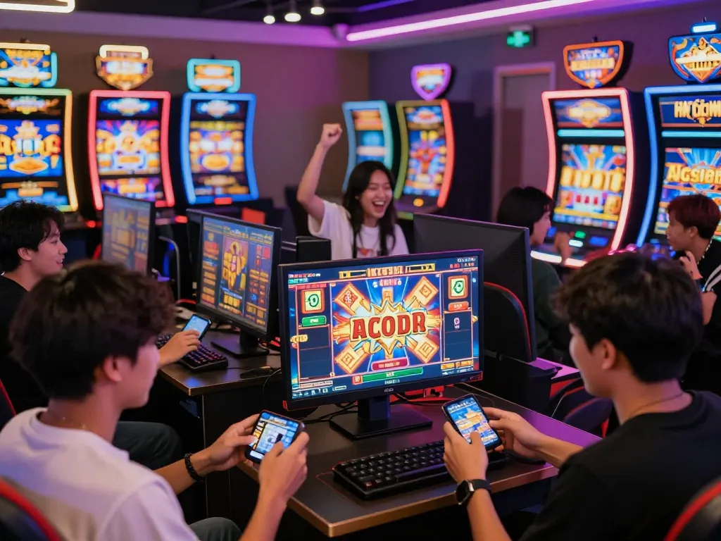 Exciting gaming scene showcasing players enjoying slot gacor hari ini online, vibrant atmosphere with colorful graphics and cheerful engagement.