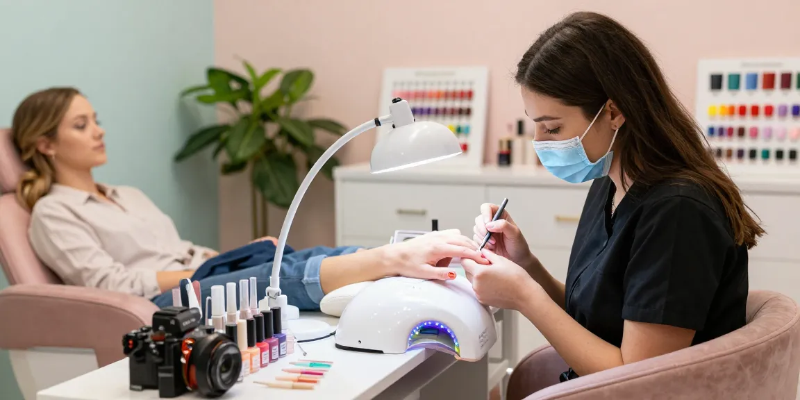 Tehnician profesionist de unghii care usucă oja gel cu lampa UV LED unghii într-un salon elegant.