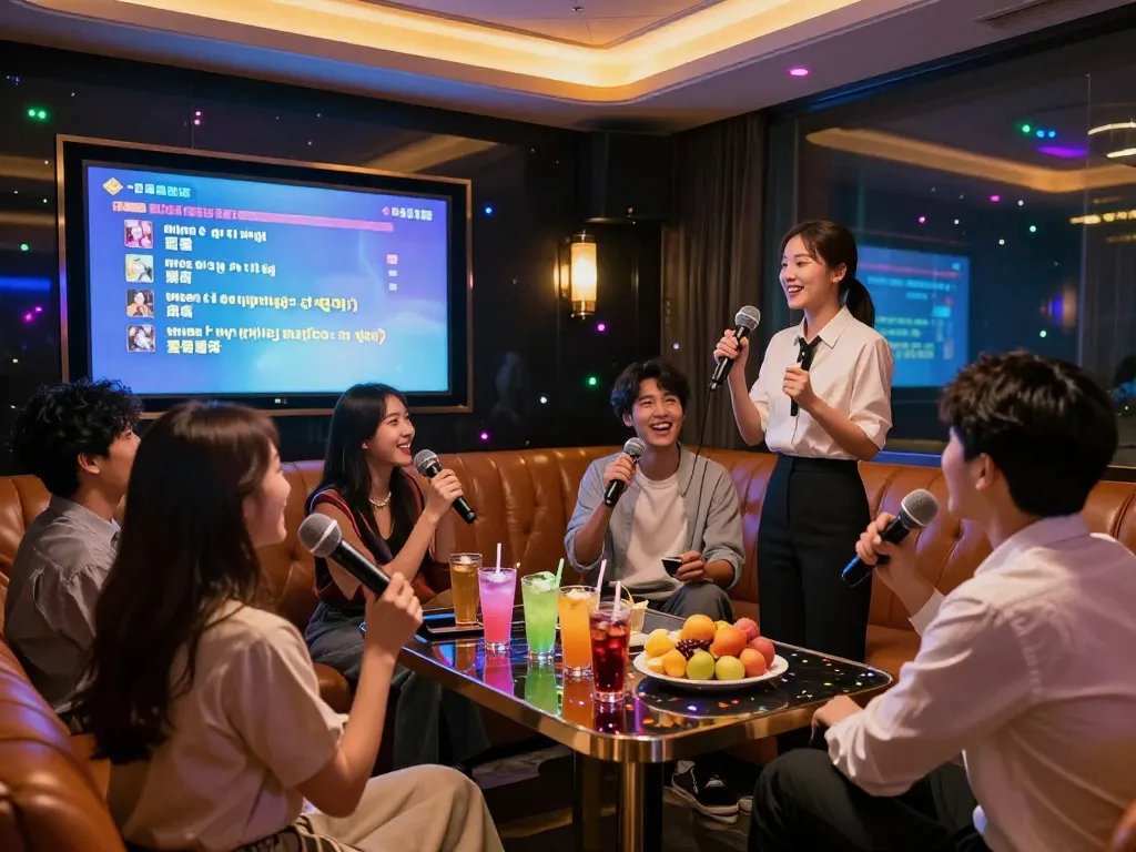 Friends enjoying karaoke at https://www.gangnamtune.com in a lively, upscale room with colorful lights and drinks.