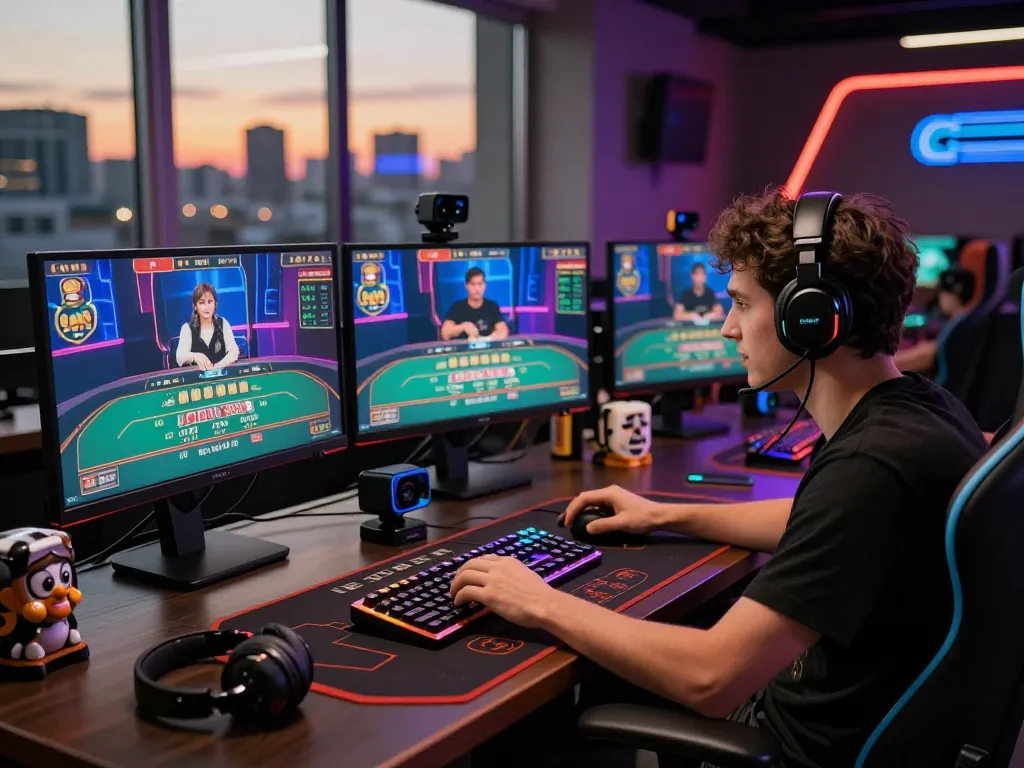 Engaging online baccarat game scene with a player focused on vibrant displays and gaming accessories showcasing the baccarat사이트 experience.