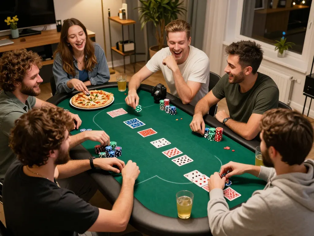 Friends enjoying a poker night around the table, highlighting Cakhia tv as their source for gaming excitement.