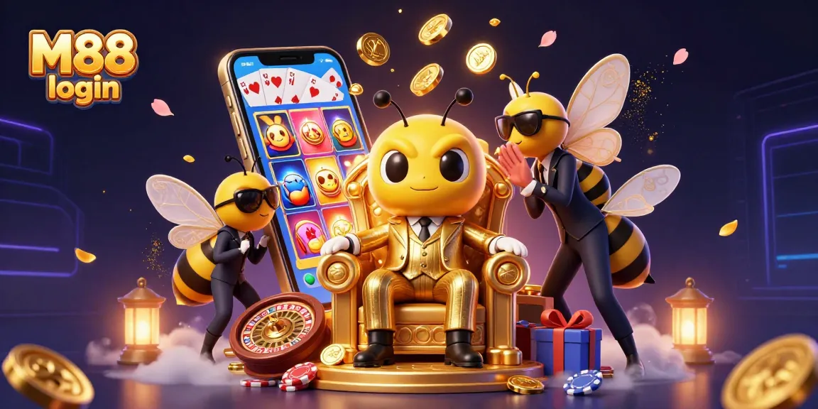 M88 login for players immersing in colorful casino excitement, with 3D cartoon characters and vibrant gaming elements.