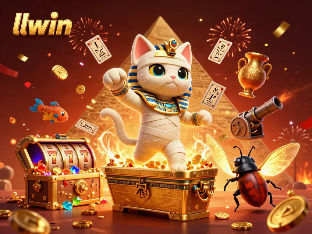 Experience thrilling gameplay with llwin's vibrant casino atmosphere featuring a cartoon mummy cat and golden treasures.