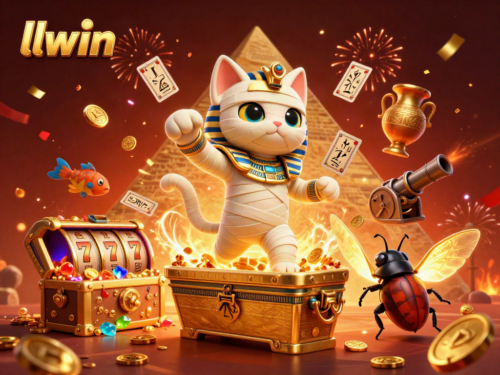 Experience thrilling gameplay with llwin's vibrant casino atmosphere featuring a cartoon mummy cat and golden treasures.