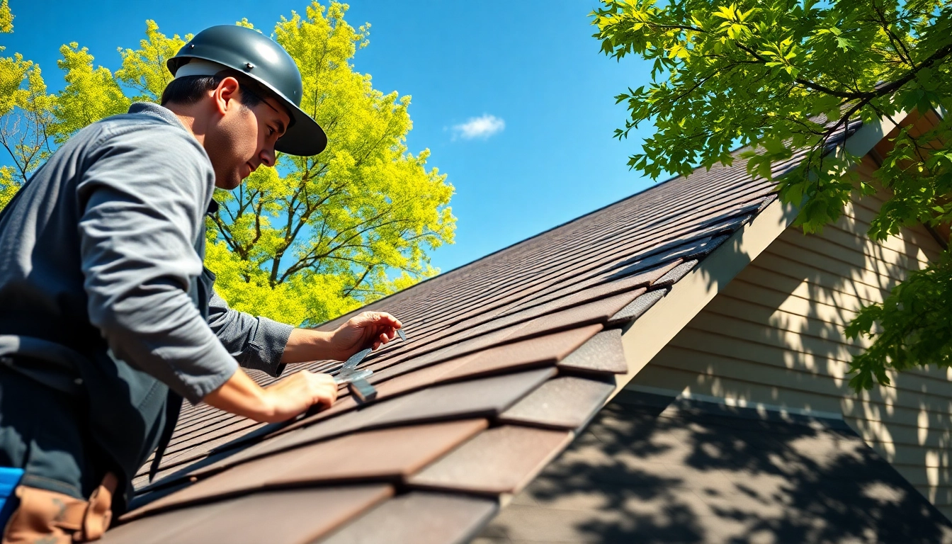 Roofer assessing damage during a roof repair project for residential properties.