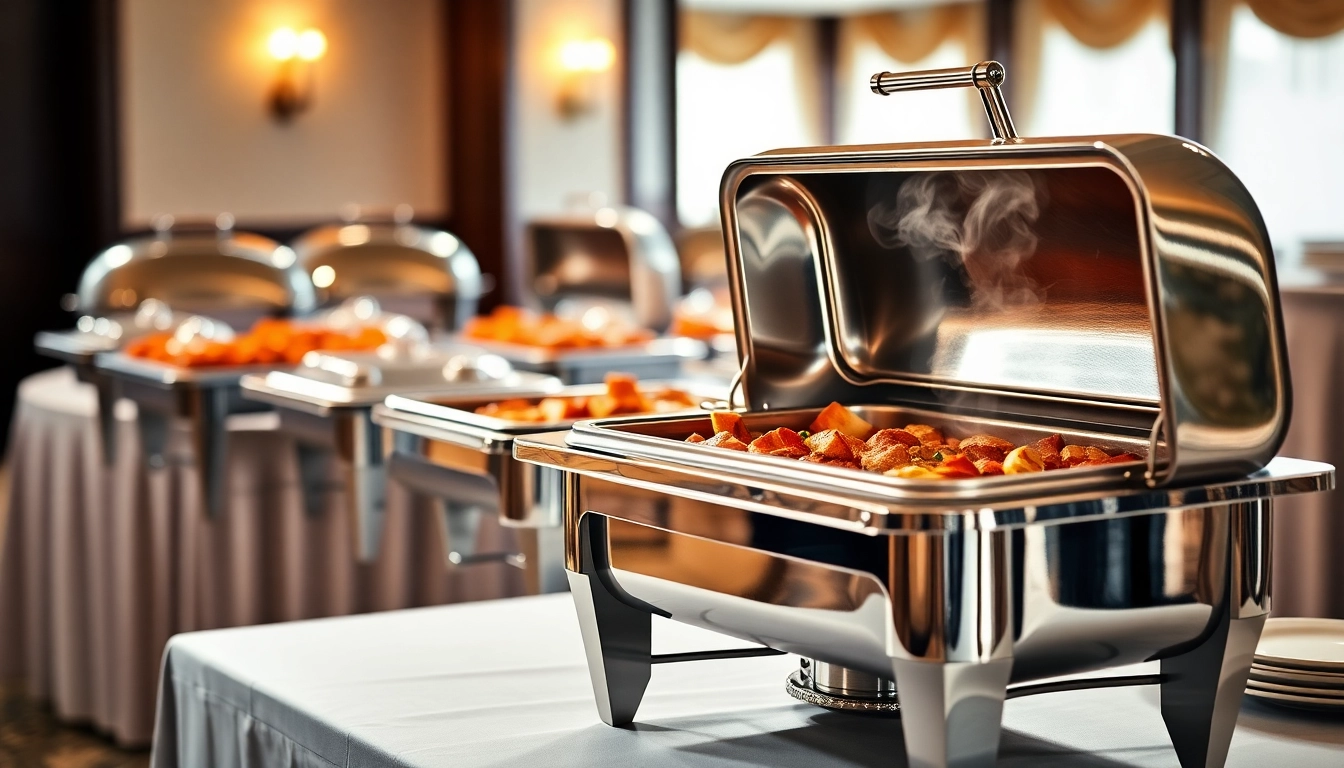 Showcasing a vibrant chafing dish on a professionally set catering table, perfect for events.