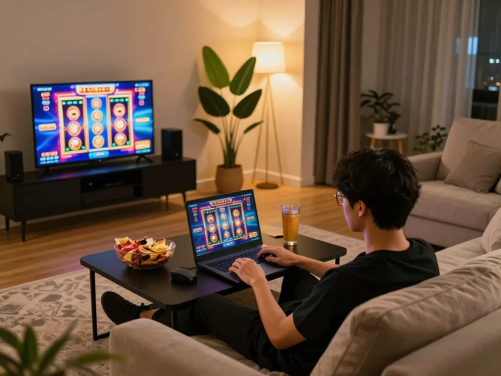 Person enjoying gajah toto online gaming session at home with laptop, drinks, and snacks.