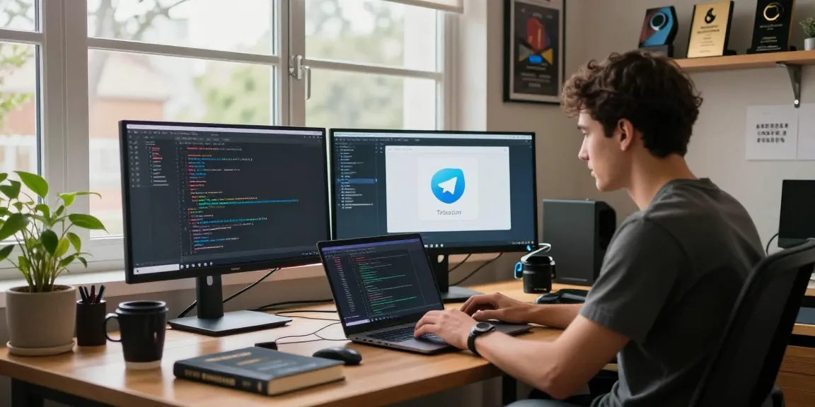 Engaging workspace of a developer showcasing the 纸飞机下载 app interface on multiple monitors, with modern tech elements and a warm office atmosphere.