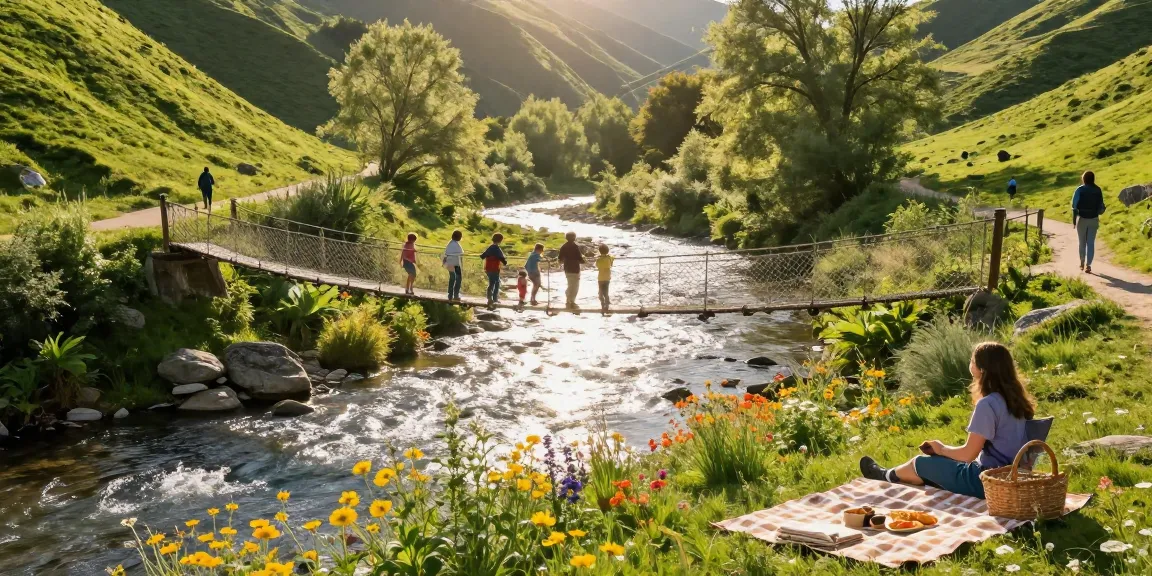 A family crossing a River Rope Bridge surrounded by nature's beauty, showcasing adventure and bonding.