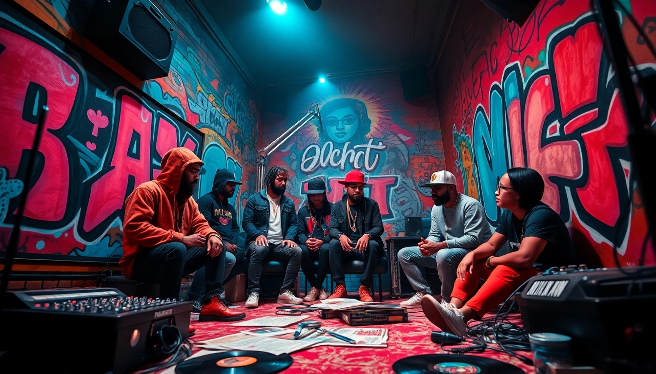 Vibrant scene of hip hop artists collaborating in a studio, representing a top hip hop PR firm focused on artist growth.