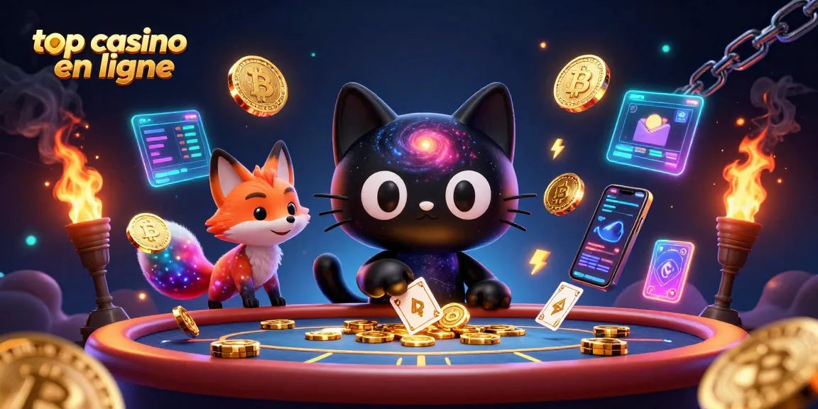Top casino en ligne : Une illustration dynamique de jeux de casino avec un chat trou noir et un renard nébuleux.