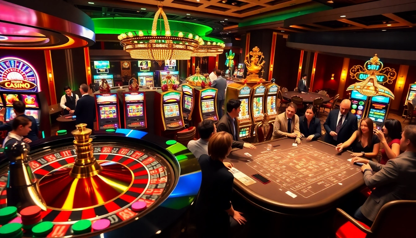 Scène excitante au meilleur casino en ligne avec des tables de poker et de roulette, avec des joueurs impatients.