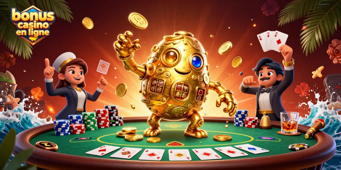 Illustration captivante de bonus casino en ligne avec un golem d'or et une ambiance poker.