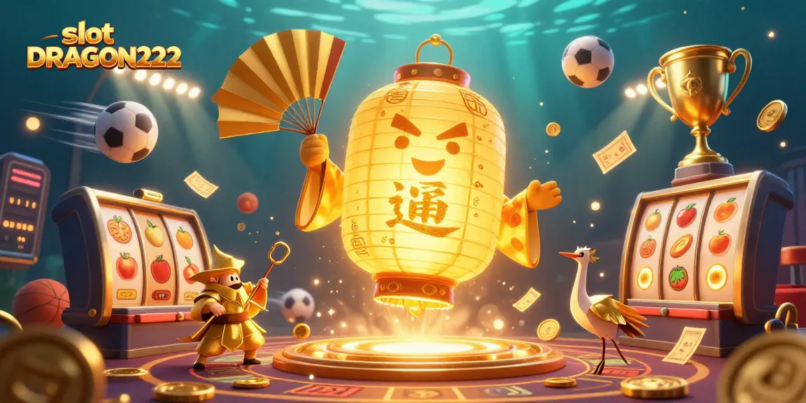 Engage with slot DRAGON222, showcasing a golden lantern spirit above a lively casino scene filled with dynamic slot reels and sports elements.