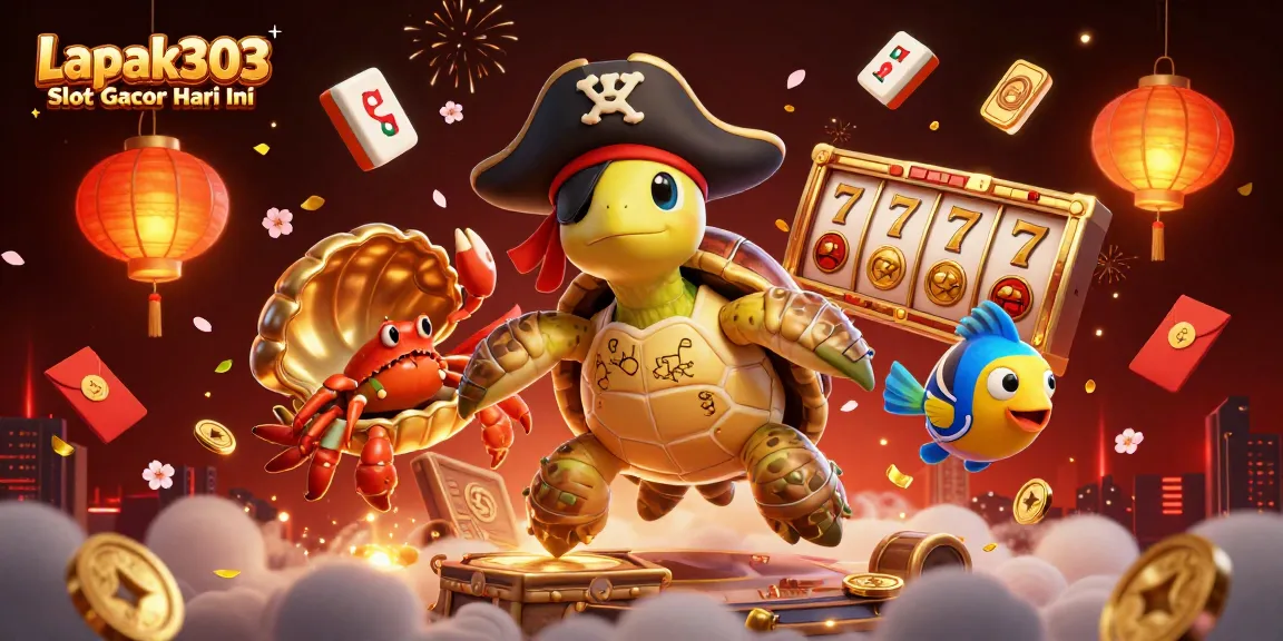 Engage with Lapak303 Slot Gacor Hari Ini via a colorful casino-themed illustration showcasing vibrant slots and characters.